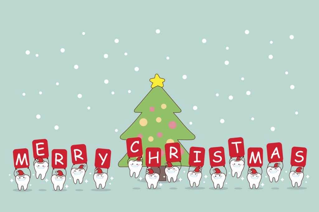 christmas and snow with cute cartoon tooth with whiten